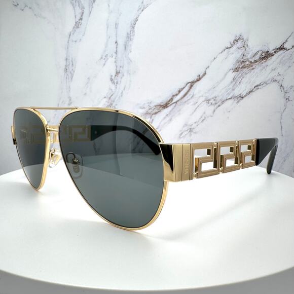 New VERSACE Sunglasses Gold Aviator Pilot Metal Greca Logo Black main image 5